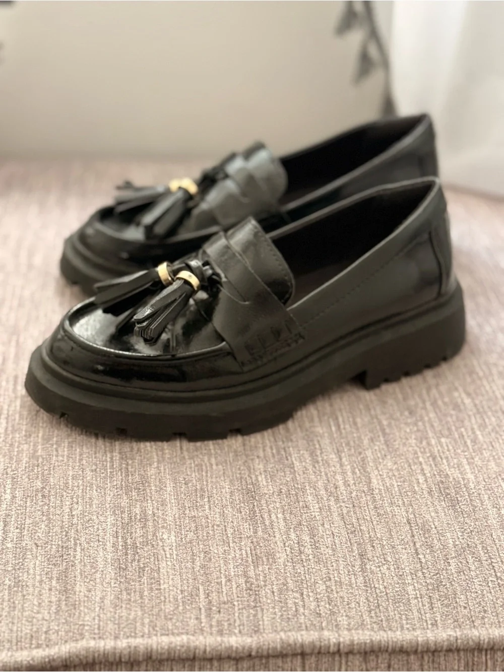 Zara Kids- Black Leather Tassel Chunky Lug Sole Loafers